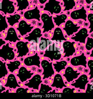 Black Ghosts Silhouettes Halloween Cute Illustrations Vector Seamless Pattern on Neon Pink Funny Background. Design for Party Wrapping Paper or Stock Vector