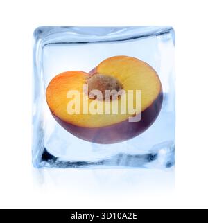 Half of plum inside ice cube isolated on white Stock Photo