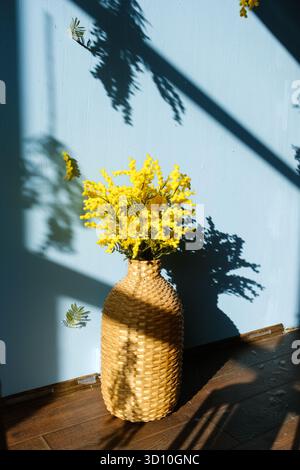 Russia, Moscow, 25.07.2024 Yellow mimosa flowers in a decorative woven vase on a wooden floor with shadows from sunlight. Spring floral home decor. Stock Photo