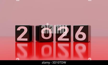 2026 Happy New Year. Cube blocks with digits red reflections, 3d render Stock Photo