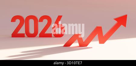 2026 New Year number and red arrow up. Stat up about economic growth. 3d illustration Stock Photo