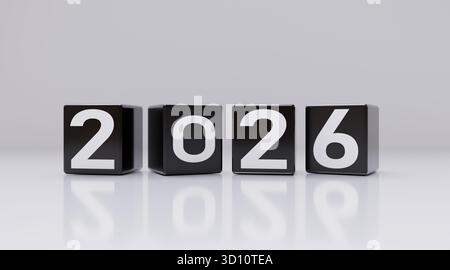 2026 Happy New Year. Cube blocks with digits on grey background, 3d render Stock Photo