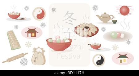 Traditional Dongzhi celebration elements collection. Tangyuan, tea and chinese icons. Asian vector illustration for banners, social media, cards Stock Vector