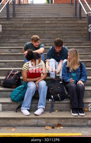 Diverse students collaborating and studying on campus stairs Stock Photo