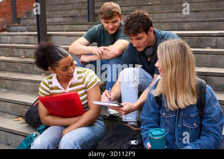 University students studying together on campus stairs Stock Photo