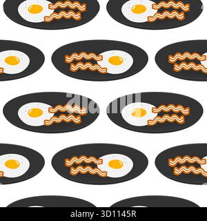 Seasoned Egg and Bacon Stripes on Plate Seamless Pattern Traditional Breakfast Backdrop Design idea. Isolated Vector illustration Food Poster or Culinary Backdrop Banners, leaflets, labels, price tag Stock Vector
