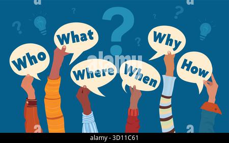 Business concept hands holding question words Who What When Where Why How communication Stock Vector