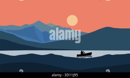 A man in a canoet is  seen on a mountain lake at sunset in a flat art illustration. Stock Vector