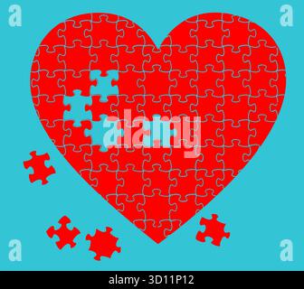 An incomplete heart is seen with puzzle pieces missing. Something is not right in your love life is the theme of this 3-d illustration. Could also be Stock Vector