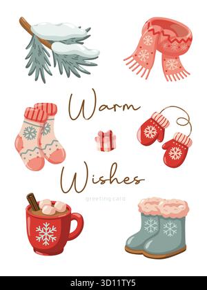 Warm Wishes greeting card with winter clothes and cocoa mug. Winter poster. Hand drawn vector isolated illustration.  Stock Vector