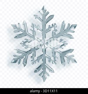 A complex, six-pointed snowflake with sharp, crystalline facets in shades of silver and white with soft shadow on a transparent background. Transparen Stock Vector