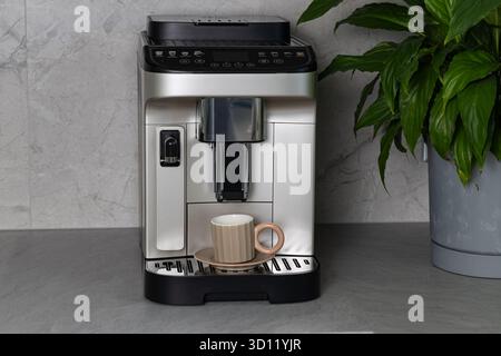 Contemporary coffee maker is preparing a fresh drink in a chic kitchen, featuring a stylish cup and vibrant green plant for a cozy atmosphere Stock Photo