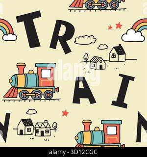 train doodle seamless pattern Stock Vector