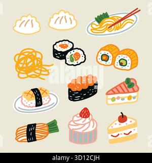 sushi noodle cake desert doodle vector Stock Vector