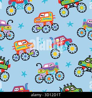 monster truck and car doodle seamless pattern Stock Vector