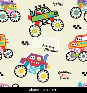 monster truck and car doodle seamless pattern Stock Vector