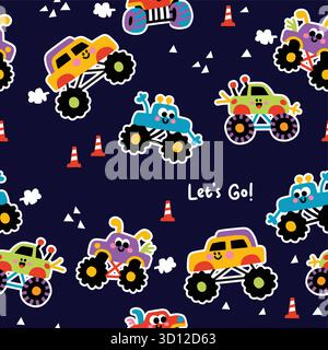 Monster Truck Seamless Pattern Vector Set Stock Vector