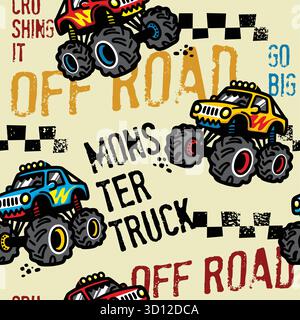 Monster Truck Seamless Pattern Vector Set Stock Vector