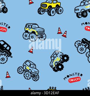 Monster Truck Seamless Pattern Vector Set Stock Vector