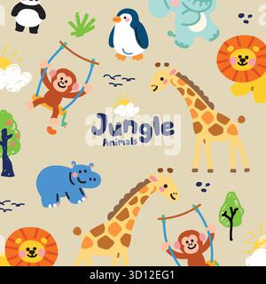 Animal jungle cute pattern seamless Set Stock Vector