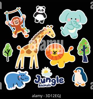 Animal jungle cute pattern seamless Set Stock Vector