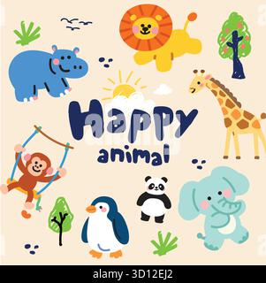 Animal jungle cute pattern seamless Set Stock Vector