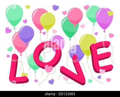 Colorful Balloons with Love Text and Heart Shape Floating in the Air for Valentine and Party Concept Illustration Clip Art Stock Vector