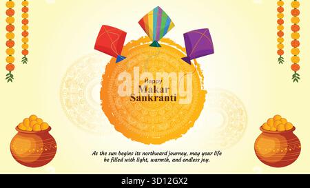 Happy Makar Sankranti festival with colorful kites and pots of sweets social media poster Stock Vector
