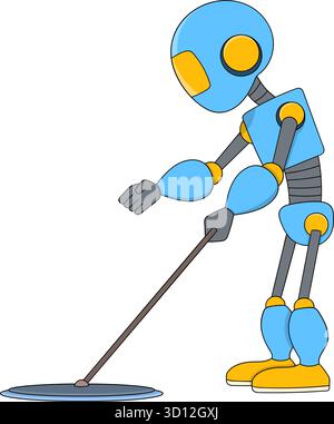 Cartoon vector illustration of an artificial intelligence robot working as a domestic helper, cleaning and mopping the floor Stock Vector
