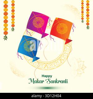 happy makar sankranti Three colorful kites with floral garlands and mandala designs flying Stock Vector
