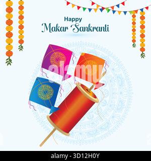 Three colorful kites and spool Makar Sankranti celebration background thread Stock Vector