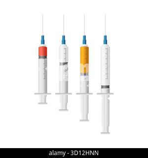Collection of Various Medical Syringes. Some Are Filled With Liquid And Others Are Empty. Suitable for Healthcare, Vaccines, and Medical Supplies. Stock Vector