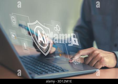 AI technology, businessman showing virtual graphics, global internet connectivity, future technology change Stock Photo