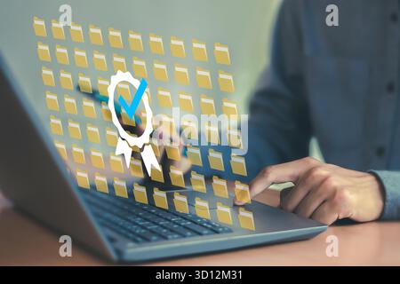 Digital document checklist on laptop screen. Business productivity and technology concept. Document accuracy management Stock Photo