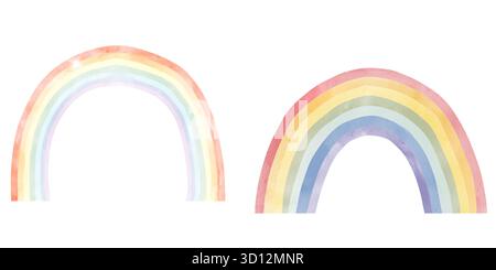 The rainbow is spring, with multicolored stripes. Watercolor illustration. A cheerful summer rainbow, set of drawings, isolated on white background. F Stock Photo