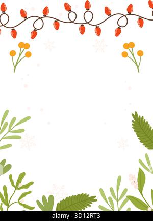 Festive Poster template featuring red string lights, greenery, yellow berries, and snowflakes on a white background with blank space. Stock Vector