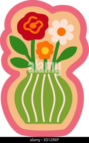 Green vase with red and orange flowers in decorative frame flat floral illustration Stock Vector