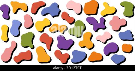 Set of colorful organic blob shapes with block shadow effect, creating bold playful contrast, arranged in horizontal strip on white background. Stock Stock Vector