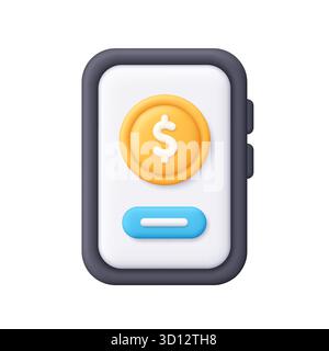 Black smartphone with gold dollar coin on white screen. Mobile banking, digital payment, fintech, financial app, digital wallet and e-commerce concept Stock Vector