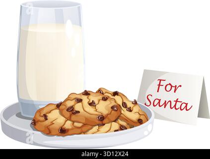 Traditional Christmas Eve: Glass of Milk, Chocolate Chip Cookies, and Note for Santa Stock Vector
