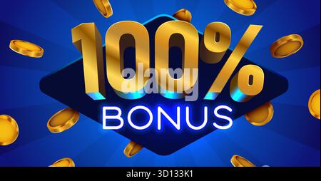 Golden 100 Bonus Promotion Design. Vibrant blue background with metallic numbers, neon text, and falling coins. Vector illustration. Stock Vector