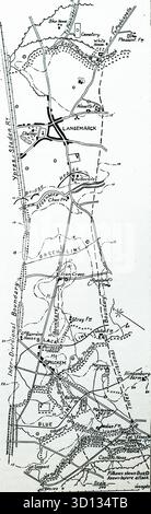 Plan of Pilckem Ridge and Langemarck, August-September 1917: Pilckem Ridge and Langemarck were key phases in the early stages of the Third Battle of Ypres (Passchendaele), fought between late July and early September 1917. These battles were marked by initial gains followed by attritional fighting in worsening weather and terrain. From a printed image published in 1932 by Western Mail and Echo Ltd under the title: The History of the Welch Regiment. Stock Photo
