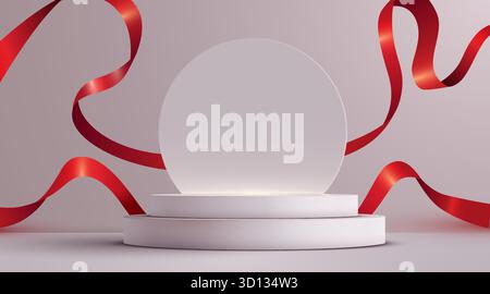 White podium scene background with red ribbon. Product presentation, mock up. Winner stage pedestal or platform. Vector illustration Stock Vector