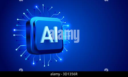 Brightly glowing AI chip on circuit board. Technology background. CPU processor on tech bg. Computer microchip on motherboard. Vector illustration Stock Vector