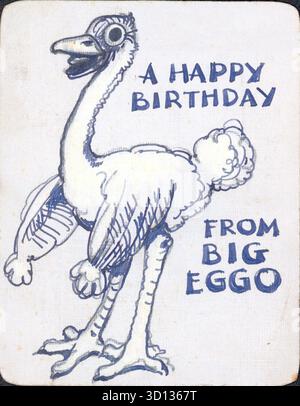A Happy Birthday from Big Eggo, with a large, hand-drawn Chicken, featuring pen drawn over a pencil outline. Unique, naïve art, unattributed. From a collection of original, single sheet, hand-drawn and coloured greetings cards produced in the late 1940s - a time when post-war paper rationing was still very much in force, in the UK. Stock Photo