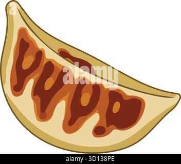 A crescent dumpling is shown in profile with a crisp browned base and juicy interior Stock Vector