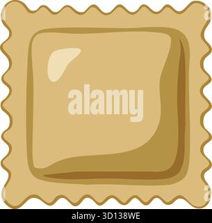 A plump square pasta dumpling is shown from above with wavy crimped edges and a soft filled center Stock Vector