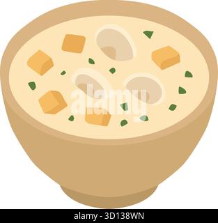 A mild pale broth features tofu cubes and mushrooms with chopped chives in a cozy round bowl Stock Vector