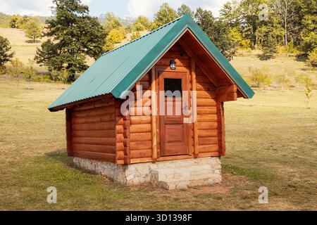 Small log cabin with a green metal roof, a wooden door, and stone foundation, surrounded by nature and trees Stock Photo