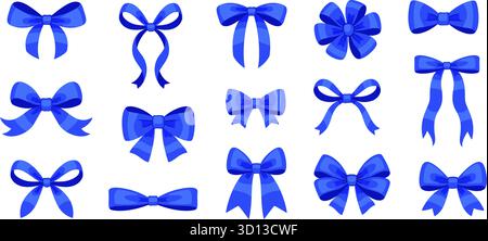 Set of blue decorative bows in various styles. Hand drawn trendy flat style isolated. Perfect for gift wrapping, holiday designs, invitations, stickers, cards, festive decorations. Vector illustration Stock Vector